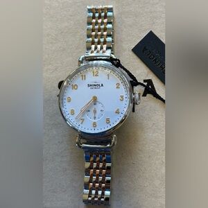 Shinola Canfield Watch with 38mm White Face & Silver & Rose Gold Breclet